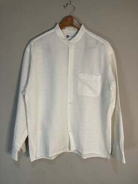 Bachrach Men's White Linen Blend Stand Collar Long Sleeve Shirt Size Large